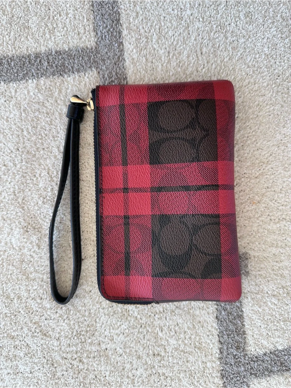 Coach Red and Black Plaid Signature Zip Wristlet